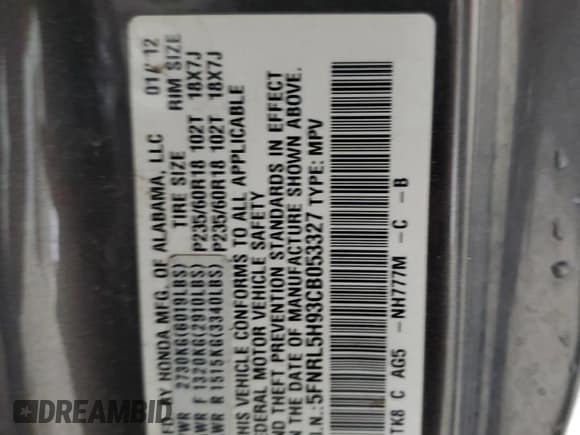 ✅ 2012 Honda Odyssey Touring • VIN: 5FNRL5H93CB053327 • Lot: 92832495. Listed on Copart with 228,143 mi. Free auction sales archive from the USA and detailed vehicle history report at DreamBid. Image 13.