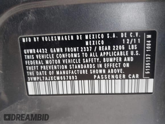 ✅ 2012 Volkswagen Jetta TDI • VIN: 3VWPL7AJXCM657893 • Lot: 43535794. Listed on IAAI with 139,296 mi. Free auction sales archive from the USA and detailed vehicle history report at DreamBid. Image 9.