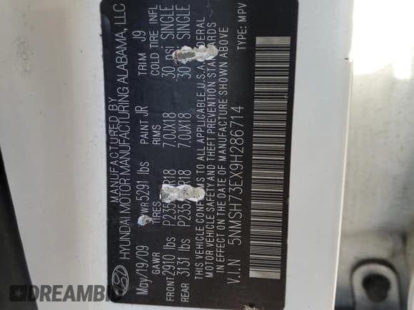 ✅ 2009 Hyundai Santa Fe Limited • VIN: 5NMSH73EX9H286714 • Lot: 82838384. Listed on Copart with 141,548 mi. Free auction sales archive from the USA and detailed vehicle history report at DreamBid. Image 13.