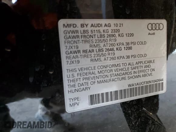 ✅ 2022 Audi Q3 Premium • VIN: WA1AUCF30N1042644 • Lot: 84970585. Wystawiony na Copart z przebiegiem 45 984 mil. Bezpłatny archiwum sprzedaży aukcyjnych z USA i szczegółowy raport historii pojazdu na DreamBid. Zdjęcie 14.