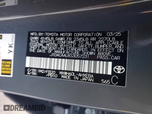 2025 Toyota Prius LE с VIN JTDACAAUXS3057231, выставлен на аукционе Copart как лот 70268475 с пробегом 4 902 миль миль и Списание • Salvage title. История ставок и продаж доступна на DreamBid. Изображение 12.