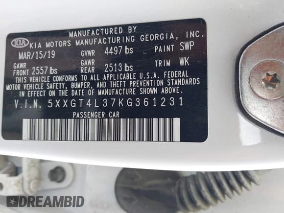 ✅ 2019 Kia Optima S • VIN: 5XXGT4L37KG361231 • Lot: 42137542. Listed on IAAI with 122,328 mi. Free auction sales archive from the USA and detailed vehicle history report at DreamBid. Image 9.