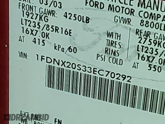 ✅ 2003 Ford F-250 • VIN: 1FDNX20S33EC70292 • Lot: 43800549. Listed on IAAI with 238,575 mi. Free auction sales archive from the USA and detailed vehicle history report at DreamBid. Image 9.