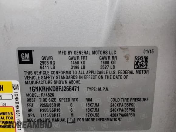 ✅ 2015 Chevrolet Traverse LT • VIN: 1GNKRHKD8FJ266471 • Lot: 57157295. Listed on Copart with 184,286 mi. Free auction sales archive from the USA and detailed vehicle history report at DreamBid. Image 13.