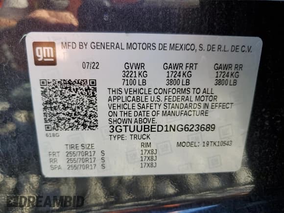 ✅ 2022 GMC Sierra 1500 SLE • VIN: 3GTUUBED1NG623689 • Лот: 67125815. Опубликован ранее на Copart с пробегом 22 962 миль. Бесплатный доступ к архиву аукционных продаж из США и подробный отчёт об истории автомобиля на DreamBid. Изображение 12.