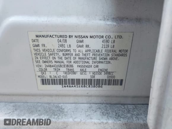 ✅ 2008 Nissan Maxima SE • VIN: 1N4BA41E68C838086 • Lot: 43374383. Listed on IAAI with 197,523 mi. Free auction sales archive from the USA and detailed vehicle history report at DreamBid. Image 9.