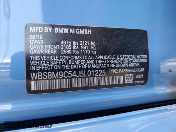 ✅ 2018 BMW M3 • VIN: WBS8M9C54J5L01225 • Lot: 60000704. Listed on Copart with Not provided. Free auction sales archive from the USA and detailed vehicle history report at DreamBid. Image 12.