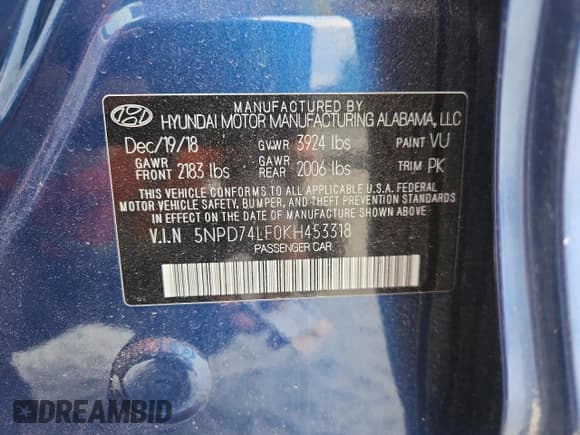 ✅ 2019 Hyundai Elantra SE • VIN: 5NPD74LF0KH453318 • Lot: 70496785. Listed on Copart with 81,296 mi. Free auction sales archive from the USA and detailed vehicle history report at DreamBid. Image 12.