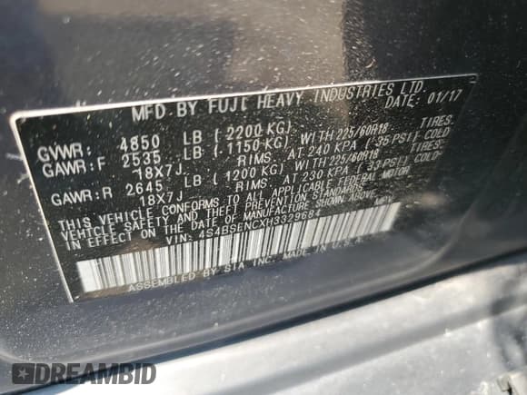 ✅ 2017 Subaru Outback Limited • VIN: 4S4BSENCXH3329684 • Lot: 59206815. Listed on Copart with 149,120 mi. Free auction sales archive from the USA and detailed vehicle history report at DreamBid. Image 14.