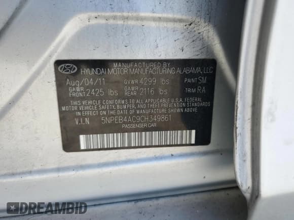 ✅ 2012 Hyundai Sonata GLS • VIN: 5NPEB4AC9CH349861 • Lot: 67519514. Listed on Copart with 144,952 mi. Free auction sales archive from the USA and detailed vehicle history report at DreamBid. Image 14.