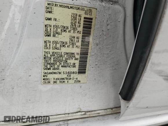 ✅ 2011 Nissan Xterra S • VIN: 5N1AN0NU7BC516080 • Lot: 55505395. Listed on Copart with Not provided. Free auction sales archive from the USA and detailed vehicle history report at DreamBid. Image 13.