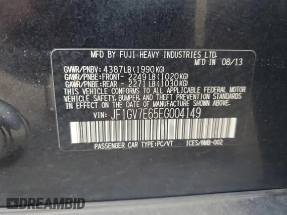 ✅ 2014 Subaru WRX WRX • VIN: JF1GV7E65EG004149 • Lot: 68147565. Listed on Copart with 148,949 mi. Free auction sales archive from the USA and detailed vehicle history report at DreamBid. Image 12.