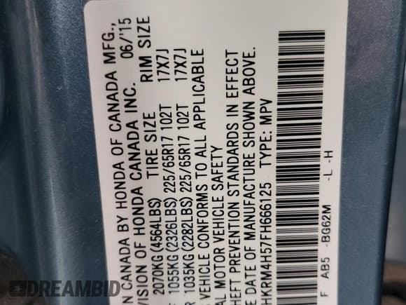 ✅ 2015 Honda CR-V EX • VIN: 2HKRM4H57FH666125 • Lot: 92517495. Listed on Copart with 94,455 mi. Free auction sales archive from the USA and detailed vehicle history report at DreamBid. Image 14.