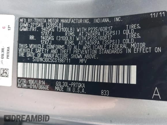 ✅ 2012 Toyota Sienna XLE AAS • VIN: 5TDYK3DC5CS198711 • Lot: 41530568. Listed on IAAI with 163,019 mi. Free auction sales archive from the USA and detailed vehicle history report at DreamBid. Image 9.