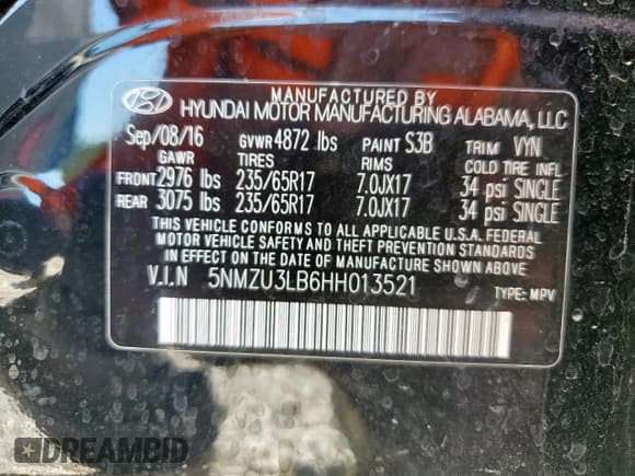 ✅ 2017 Hyundai Santa Fe 2.4L • VIN: 5NMZU3LB6HH013521 • Лот: 71483825. Опубликован ранее на Copart с пробегом 98 476 миль. Бесплатный доступ к архиву аукционных продаж из США и подробный отчёт об истории автомобиля на DreamBid. Изображение 14.