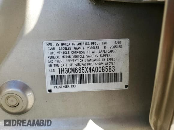 ✅ 2004 Honda Accord EX • VIN: 1HGCM665X4A008583 • Lot: 91484705. Listed on Copart with 162,622 mi. Free auction sales archive from the USA and detailed vehicle history report at DreamBid. Image 12.