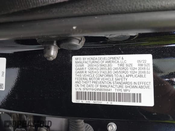 ✅ 2022 Honda Pilot Special Edition • VIN: 5FNYF6H24NB056641 • Lot: 43532928. Listed on IAAI with 34,371 mi. Free auction sales archive from the USA and detailed vehicle history report at DreamBid. Image 9.