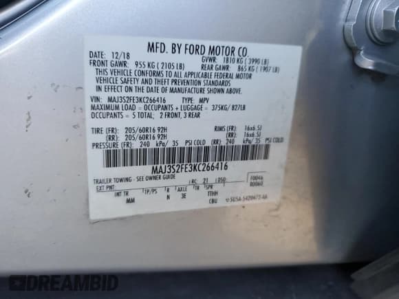 ✅ 2019 Ford EcoSport S • VIN: MAJ3S2FE3KC266416 • Лот: 90932465. Опубликован ранее на Copart с пробегом 71 045 миль. Бесплатный доступ к архиву аукционных продаж из США и подробный отчёт об истории автомобиля на DreamBid. Изображение 12.