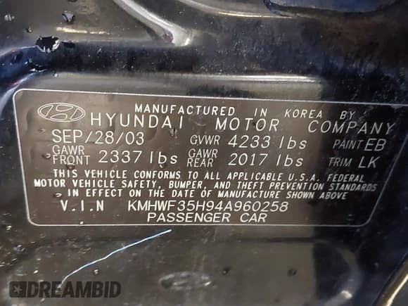 ✅ 2004 Hyundai Sonata GLS • VIN: KMHWF35H94A960258 • Lot: 42828472. Listed on IAAI with 174,356 mi. Free auction sales archive from the USA and detailed vehicle history report at DreamBid. Image 9.