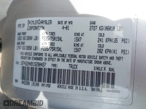✅ 2001 Dodge Dakota Sport • VIN: 1B7HG2AN91S290457 • Lot: 42381350. Wystawiony na IAAI z przebiegiem 192 163 mil. Bezpłatny archiwum sprzedaży aukcyjnych z USA i szczegółowy raport historii pojazdu na DreamBid. Zdjęcie 9.