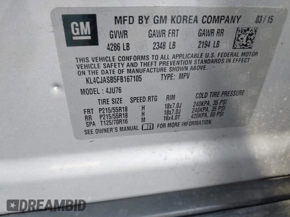 ✅ 2015 Buick Encore • VIN: KL4CJASB5FB167105 • Lot: 42002795. Listed on IAAI with 68,251 mi. Free auction sales archive from the USA and detailed vehicle history report at DreamBid. Image 9.