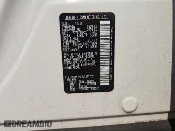 ✅ 2020 Nissan Armada SL • VIN: JN8AY2NC2LX517702 • Lot: 70043125. Wystawiony na Copart z przebiegiem 65 898 mil. Bezpłatny archiwum sprzedaży aukcyjnych z USA i szczegółowy raport historii pojazdu na DreamBid. Zdjęcie 13.