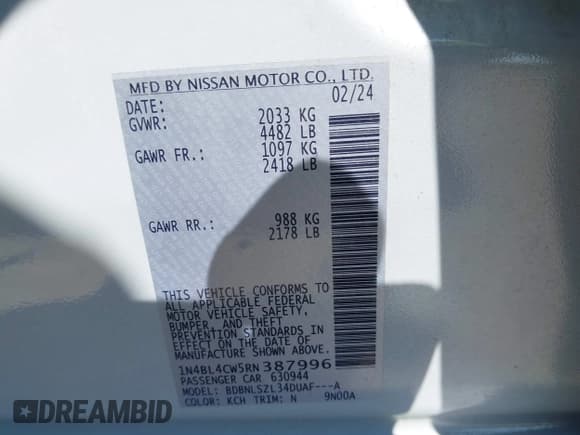 ✅ 2024 Nissan Altima SR • VIN: 1N4BL4CW5RN387996 • Лот: 42987059. Опубликован ранее на IAAI с пробегом 15 851 миль. Бесплатный доступ к архиву аукционных продаж из США и подробный отчёт об истории автомобиля на DreamBid. Изображение 9.