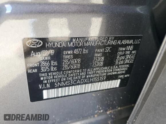 ✅ 2020 Hyundai Santa Fe SEL • VIN: 5NMS3CADXLH155159 • Лот: 73376483. Опубликован ранее на Copart с пробегом 50 856 миль. Бесплатный доступ к архиву аукционных продаж из США и подробный отчёт об истории автомобиля на DreamBid. Изображение 12.