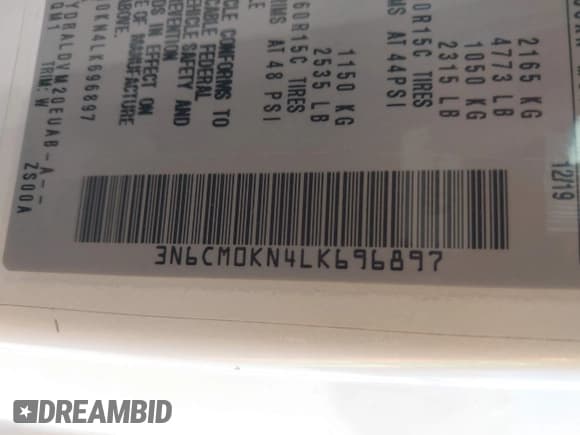 ✅ 2020 Nissan NV200 S • VIN: 3N6CM0KN4LK696897 • Lot: 42317028. Listed on IAAI with 105,230 mi. Free auction sales archive from the USA and detailed vehicle history report at DreamBid. Image 9.