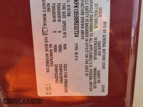 ✅ 2008 GMC Yukon • VIN: 1GKFK13598R232724 • Lot: 62131615. Listed on Copart with 141,177 mi. Free auction sales archive from the USA and detailed vehicle history report at DreamBid. Image 13.