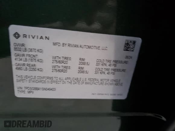 ✅ 2025 Rivian R1S Adventure • VIN: 7PDSGBBA1SN049423 • Lot: 77738224. Wystawiony na Copart z przebiegiem Nie podano. Bezpłatny archiwum sprzedaży aukcyjnych z USA i szczegółowy raport historii pojazdu na DreamBid. Zdjęcie 12.