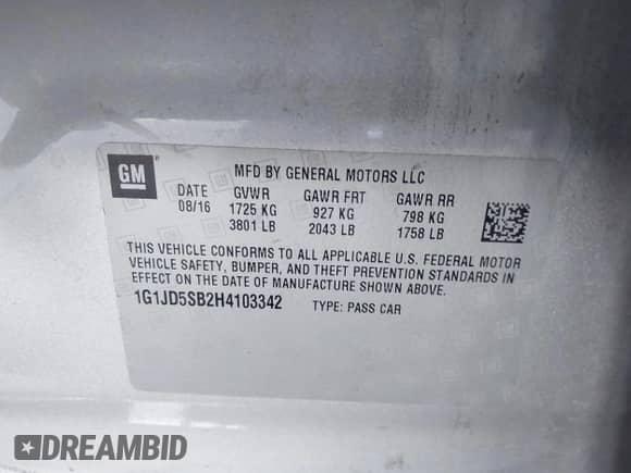 2017 Chevrolet Sonic LT with VIN 1G1JD5SB2H4103342, listed as a IAAI auction lot 41320877 with 136,142 mi miles and . Bid and sale history available at DreamBid. Image 9.