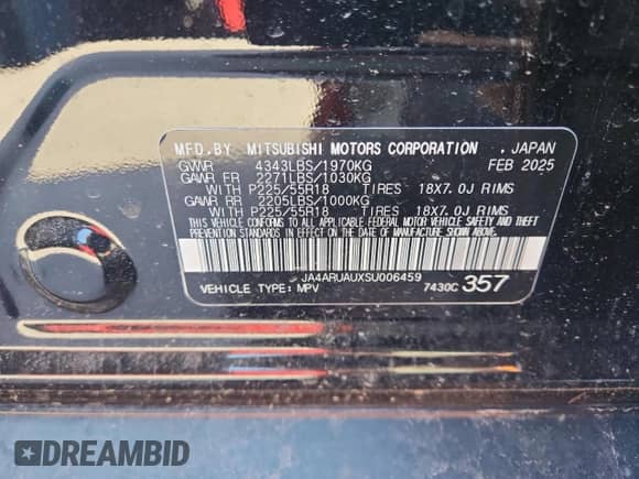 2025 Mitsubishi Outlander S с VIN JA4ARUAUXSU006459, выставлен на аукционе Copart как лот 90893915 с пробегом Не указан миль и Чистый • Clean title. История ставок и продаж доступна на DreamBid. Изображение 13.