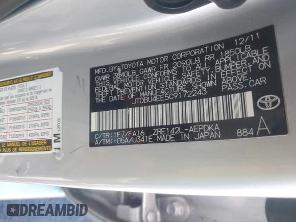 ✅ 2012 Toyota Corolla L • VIN: JTDBU4EE5C9172243 • Lot: 42922737. Listed on IAAI with 138,552 mi. Free auction sales archive from the USA and detailed vehicle history report at DreamBid. Image 9.