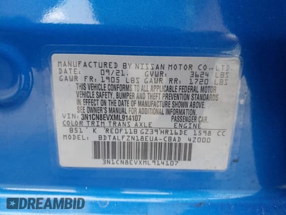 ✅ 2021 Nissan Versa SV • VIN: 3N1CN8EVXML914107 • Lot: 42970244. Wystawiony na IAAI z przebiegiem 77 843 mil. Bezpłatny archiwum sprzedaży aukcyjnych z USA i szczegółowy raport historii pojazdu na DreamBid. Zdjęcie 9.