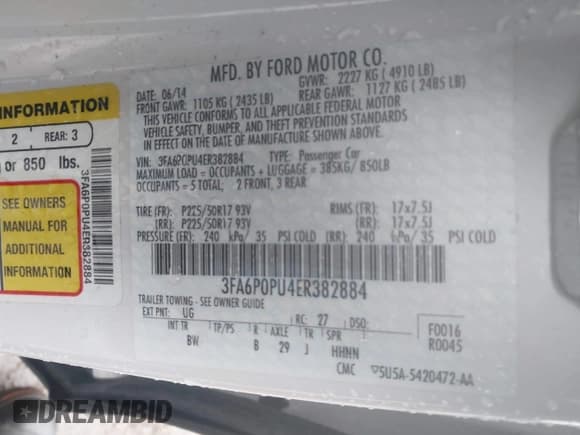 ✅ 2014 Ford Fusion SE Luxury • VIN: 3FA6P0PU4ER382884 • Lot: 42211284. Listed on IAAI with 125,027 mi. Free auction sales archive from the USA and detailed vehicle history report at DreamBid. Image 9.