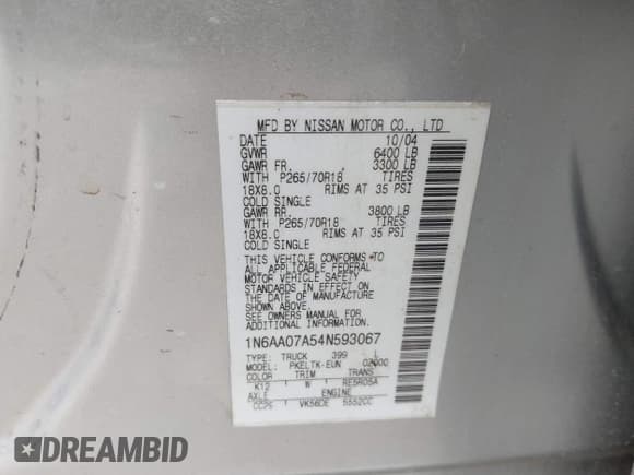 ✅ 2004 Nissan Titan XE • VIN: 1N6AA07A54N593067 • Lot: 41956764. Listed on IAAI with 256,100 mi. Free auction sales archive from the USA and detailed vehicle history report at DreamBid. Image 9.