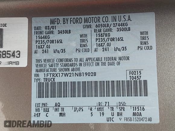 ✅ 2001 Ford F-150 XL • VIN: 1FTRX17W21NB19028 • Lot: 42354428. Listed on IAAI with 189,824 mi. Free auction sales archive from the USA and detailed vehicle history report at DreamBid. Image 9.
