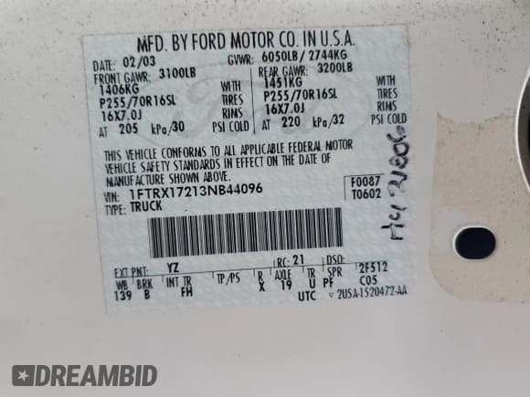 ✅ 2003 Ford F-150 XL • VIN: 1FTRX17213NB44096 • Lot: 85324585. Listed on Copart with 247,714 mi. Free auction sales archive from the USA and detailed vehicle history report at DreamBid. Image 13.