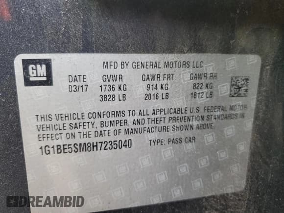 ✅ 2017 Chevrolet Cruze LT • VIN: 1G1BE5SM8H7235040 • Лот: 40096933. Опубликован ранее на Copart с пробегом 93 123 миль. Бесплатный доступ к архиву аукционных продаж из США и подробный отчёт об истории автомобиля на DreamBid. Изображение 12.