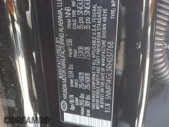 2024 Hyundai Santa Fe SE с VIN 5NMP14GL3RH037768, выставлен на аукционе Copart как лот 49528415 с пробегом 18 886 миль миль и Списание • Salvage title. История ставок и продаж доступна на DreamBid. Изображение 15.