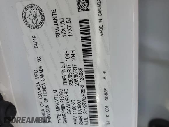 ✅ 2019 Honda CR-V LX • VIN: 2HKRW2H29KH128086 • Lot: 70889055. Wystawiony na Copart z przebiegiem 91 174 mil. Bezpłatny archiwum sprzedaży aukcyjnych z USA i szczegółowy raport historii pojazdu na DreamBid. Zdjęcie 14.