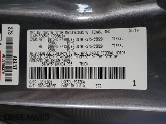 ✅ 2019 Toyota Tundra 1794 Edition • VIN: 5TFAY5F1XKX841795 • Lot: 82467065. Listed on Copart with 94,370 mi. Free auction sales archive from the USA and detailed vehicle history report at DreamBid. Image 12.