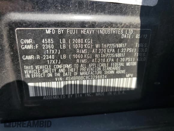 ✅ 2012 Subaru Outback Premium • VIN: 4S4BRBBC9C3298824 • Lot: 61893535. Listed on Copart with 238,105 mi. Free auction sales archive from the USA and detailed vehicle history report at DreamBid. Image 14.