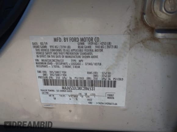 ✅ 2019 Ford EcoSport SES • VIN: MAJ6S3JL3KC286531 • Lot: 43580341. Listed on IAAI with 72,549 mi. Free auction sales archive from the USA and detailed vehicle history report at DreamBid. Image 9.