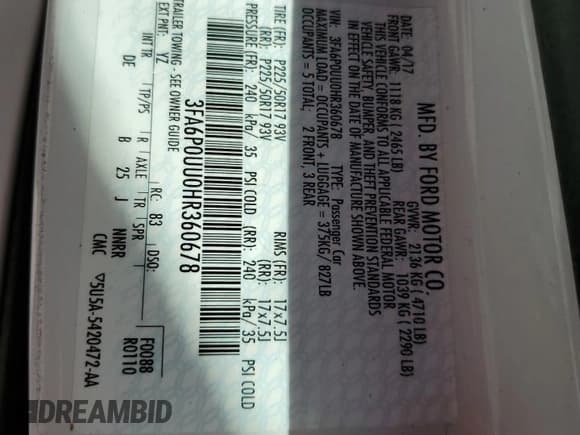 ✅ 2017 Ford Fusion Hybrid S • VIN: 3FA6P0UU0HR360678 • Lot: 85511465. Wystawiony na Copart z przebiegiem 104 755 mil. Bezpłatny archiwum sprzedaży aukcyjnych z USA i szczegółowy raport historii pojazdu na DreamBid. Zdjęcie 12.