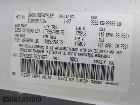 ✅ 2007 Dodge 2500 SLT • VIN: 3D7KS28D17G767678 • Lot: 43540763. Wystawiony na IAAI z przebiegiem 239 125 mil. Bezpłatny archiwum sprzedaży aukcyjnych z USA i szczegółowy raport historii pojazdu na DreamBid. Zdjęcie 9.