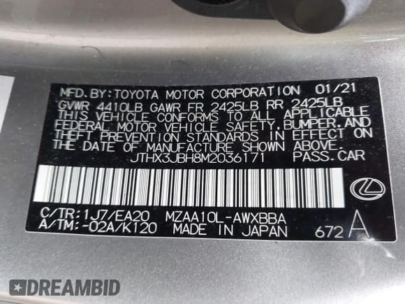 ✅ 2021 Lexus UX 200 • VIN: JTHX3JBH8M2036171 • Lot: 43351425. Listed on IAAI with 52,480 mi. Free auction sales archive from the USA and detailed vehicle history report at DreamBid. Image 9.