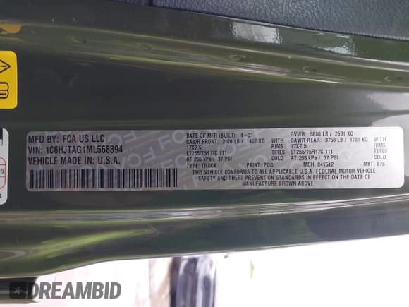 ✅ 2021 Jeep Gladiator Willys • VIN: 1C6HJTAG1ML568394 • Lot: 41895672. Listed on IAAI with 59,015 mi. Free auction sales archive from the USA and detailed vehicle history report at DreamBid. Image 9.