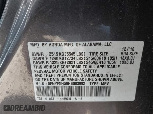 ✅ 2017 Honda Pilot EX-L • VIN: 5FNYF5H59HB003992 • Лот: 43795001. Опубликован ранее на IAAI с пробегом 140 808 миль. Бесплатный доступ к архиву аукционных продаж из США и подробный отчёт об истории автомобиля на DreamBid. Изображение 9.